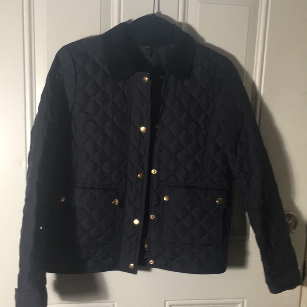 J. Crew navy blue quilted zips & snap front jacket with corduroy collar size XS